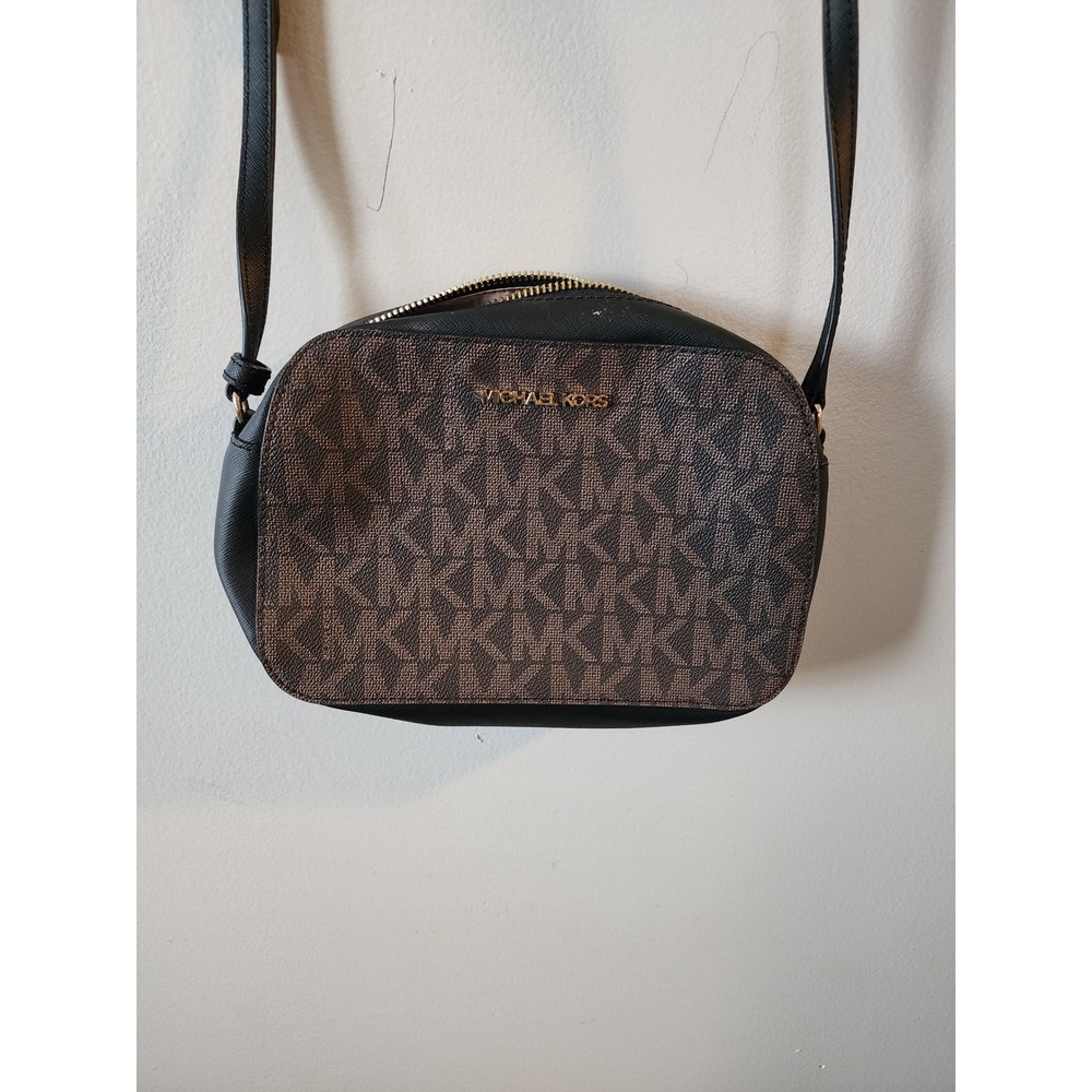 Michael Kors Jet Set East West Crossbody Bag Black Brown Signature Logo Canvas